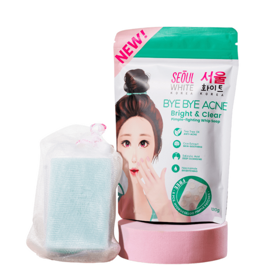 Seoul White Bye Bye Acne Whip Soap 120g - Pimple-Fighting Foam Cleanser with Free Pimple Patches