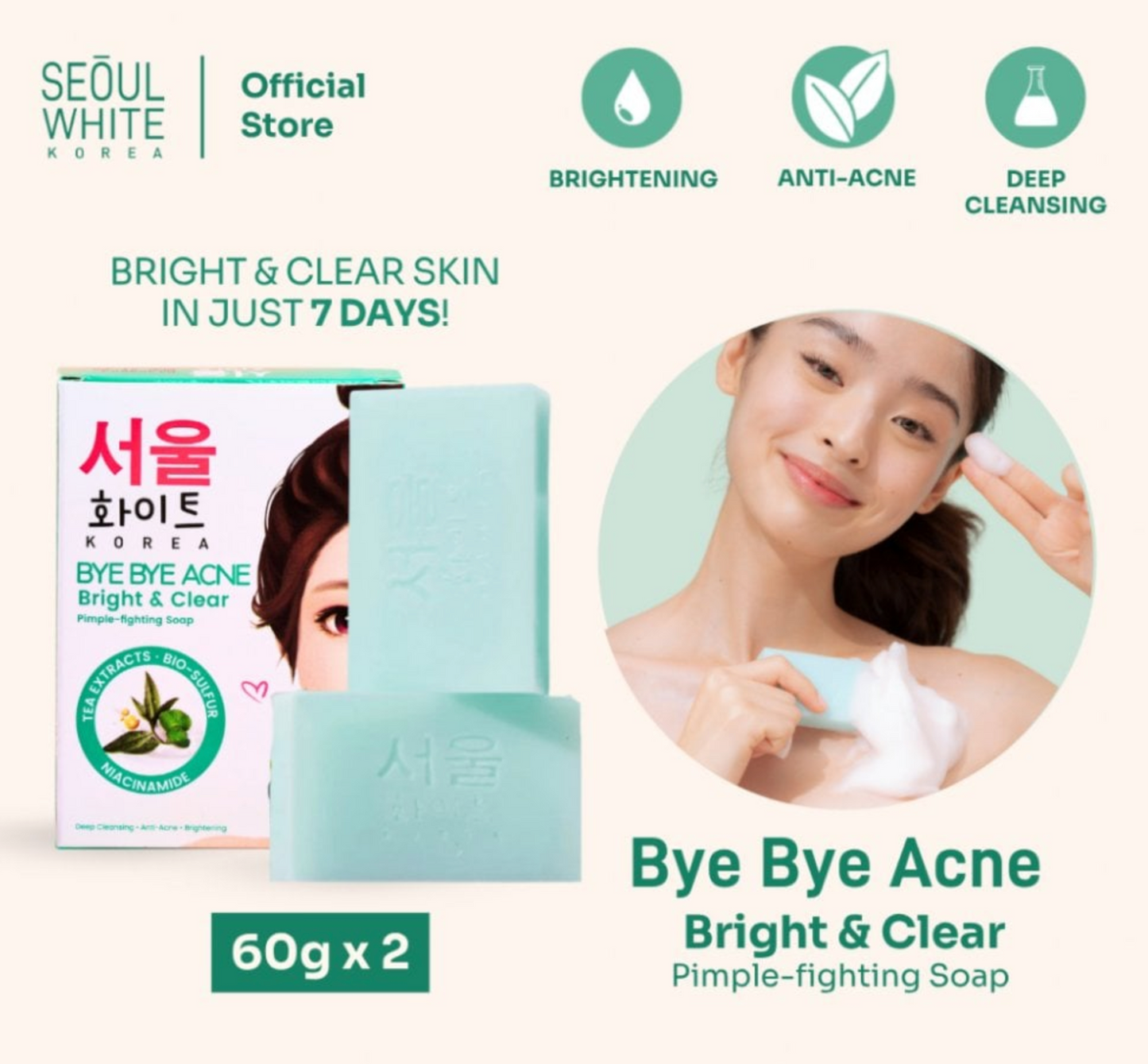 SeoulWhiteByeByeAcnePimple-FightingSoap60gx2-TeaTree&SulfurCleanser