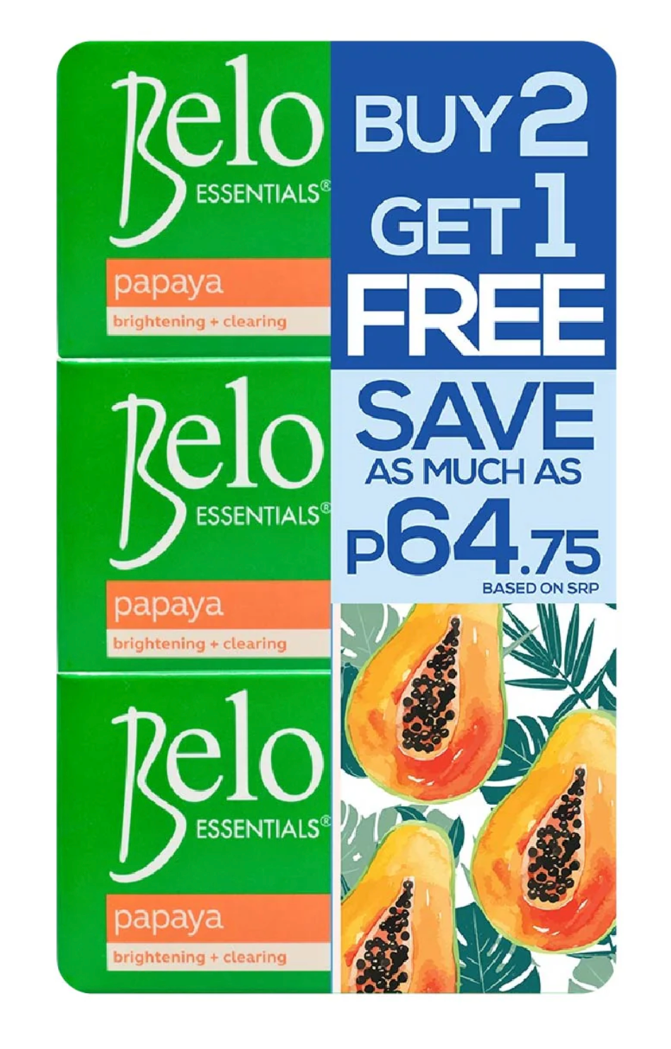 Belo Essentials Skin Lightening & Brightening Papaya Soap 135g x3 (2+1 FREE) Bundle - Premium Brightening Solution